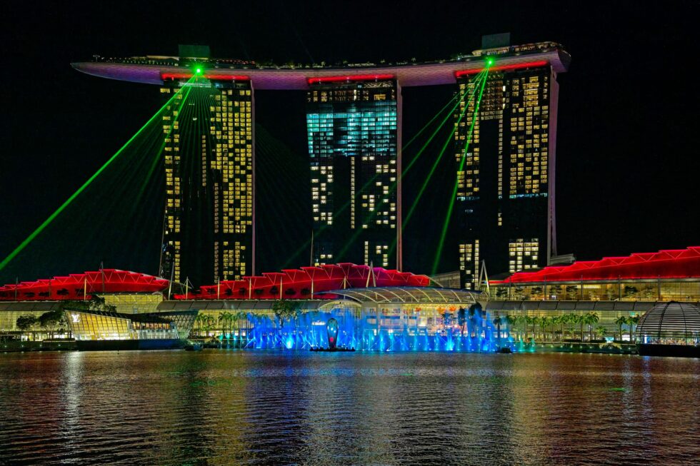 Singapur Hotel Marina Bay Sands Nacht Lasershow